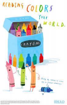 Illustrations of crayons and crayon box with words "reading colors your world"