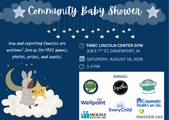 Flyer for Community Baby Shower, TMBC Lincoln Center Gym, Saturday, August 16, 2025 from 1-3 PM