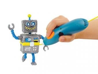 A hand holding a 3D printing pen and making a 3D robot.