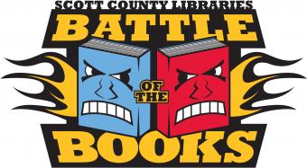 A picture of a blue book and red book boxing, surrounded by the words "Scott County Library Battle of the Books."