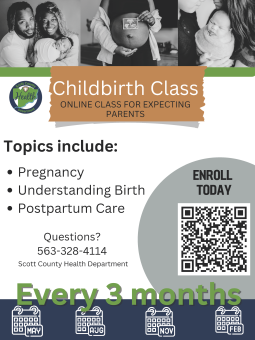 Images of parents and a baby, a pregnant belly, and a newborn with a description of the childbirth class services