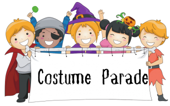 Children dressed in Halloween costumes holding a sign that says "Costume Parade"