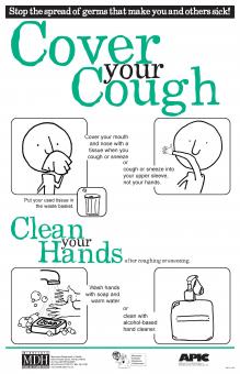 poster showing stick figure covering cough with elbow and washing hands