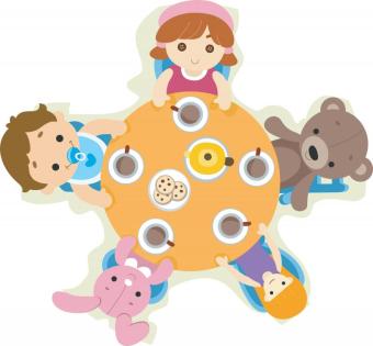 clipart illustration of a doll tea party with two children