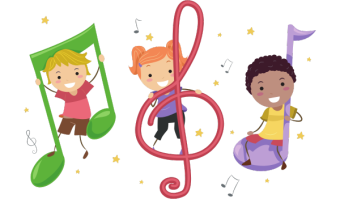 Cartoon kids dancing among colorful music notes