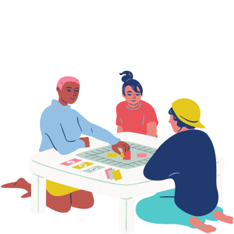 Illustration of young friends playing board games around a table