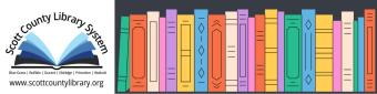 Library logo next to a row of colorful, illustrated books