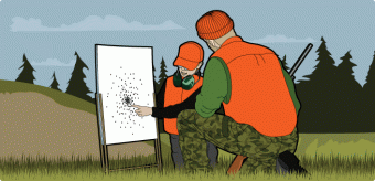 Clip art of a two hunters in front of a paper target.