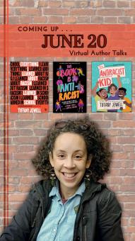 Brick backdrop with date June twentieth on red banner at top, three books in middle, and woman at the bottom