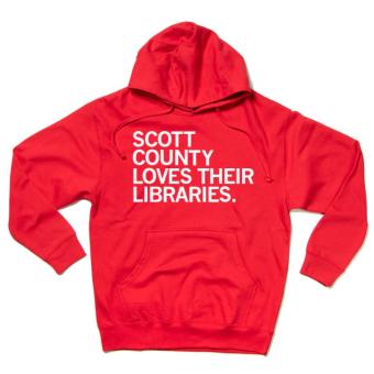 This is a hooded sweatshirt that says Scott County Loves Their Libraries