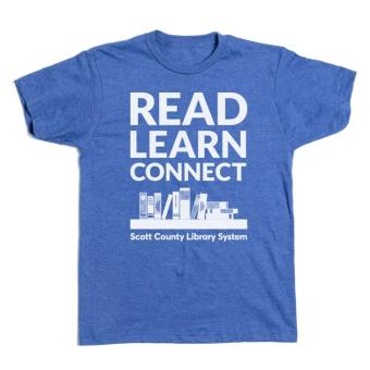 This is a shirt that says Read Learn Connect Scott County Library System.