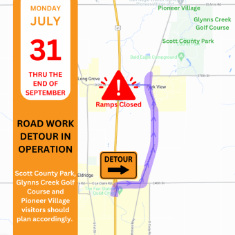 Road work detour map for Scott County Park, Pioneer Village and Glynns Creek Golf Course