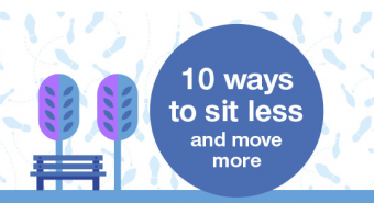 Digital image of park bench with text "10 ways to sit less and move more"