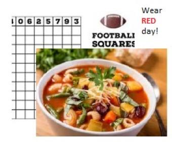 Bowl of soup and super bowl squares.