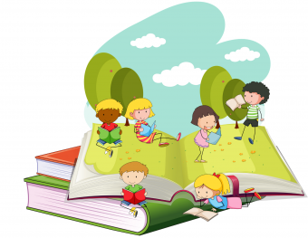 Kids reading on an over-sized open book with a nature background