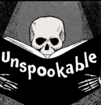 Logo for the Unspookable podcast--skeleton reading a book