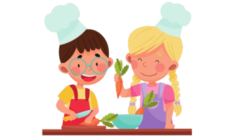Girl and boy chef wearing apron and hat and chopping vegetables on a cutting board