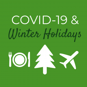 COVID-19 winter holidays with tree, airplane, plate images