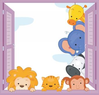 clipart illustration of baby animals looking through a window
