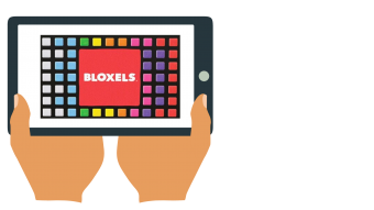 Hands holding a tablet containing the Bloxels logo