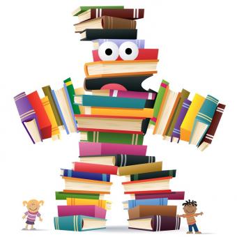 This is a picture of a monster made from books, with two small children standing on either side.