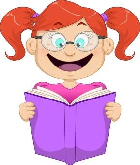 clip art image of a child with glasses reading a book