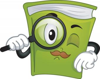 Clip art image of a green cartoon book with a magnifying glass