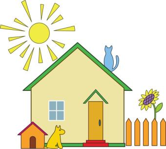 clipart image of house with sun, animals, and flower