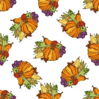 Fall time. Thanksgiving day. Corn, pumpkin, grape, autumn leaf, apple and pear.