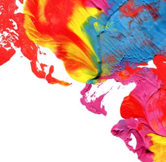 paint splattered of blue, red, yellow and pink colors
