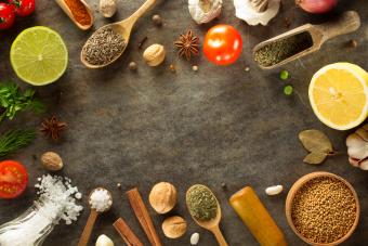 herbs and spices at table background