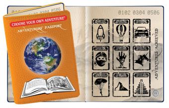 Image of a Choose Your Own Adventure book series passport; orange cover with globe on top of an open book.