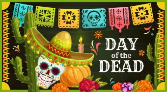 Day of the Dead Mexican sugar skull with sombrero vector greeting card, marigold flowers, candle, and banner