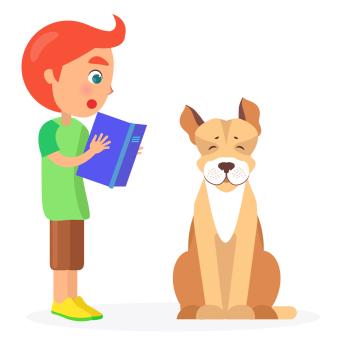 boy reading book to dog clip art