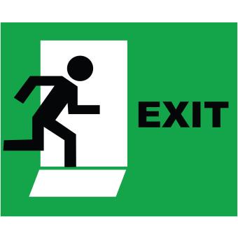 man running out door that says exit