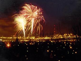 Fireworks display on the Mississippi River.