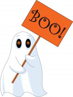 This is a picture of a ghost with a sign that says BOO