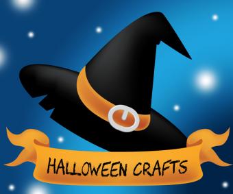 Witch's hat on starry background with an orange banner that says "Halloween crafts"