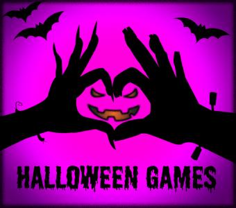 Silhouette of hands making a jack-o-lantern over a pink background with the words "Halloween games"