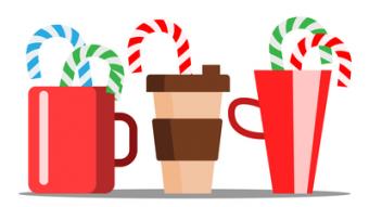Cups of hot coffee with Christmas candy sticking out.