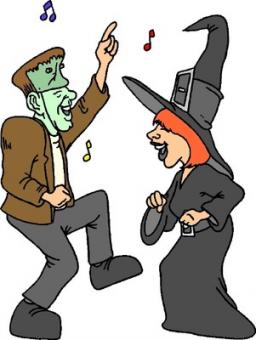 Frankenstein and a witch dancing