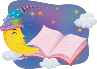 Illustration of the Moon Wearing a Nightcap While Reading a Book