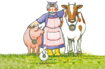 Illustration of Mrs. Wishy Washy (woman wearing an apron) with her arms around a cow, pig, and duck