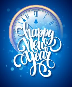Clock with Happy New Year Banner in blue and white