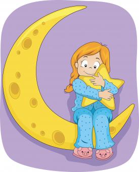 This is a picture of a girl in pajamas sitting on a crescent moon holding a star