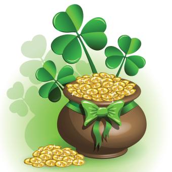 Clip art image of pot of gold with green shamrocks