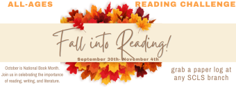 a pile of autumn leaves with a sign saying "fall into reading"