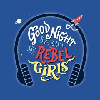 Words "Good Night Stories for Rebel Girls" surrounded by headphones