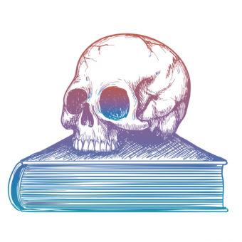 Colorful sketch of human skull on book isolated on white background