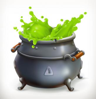Black witch's cauldron overflowing with green liquid